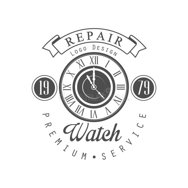 Watch repair logo design, premium service since 1979, black and white vintage clock repair service emblem vector