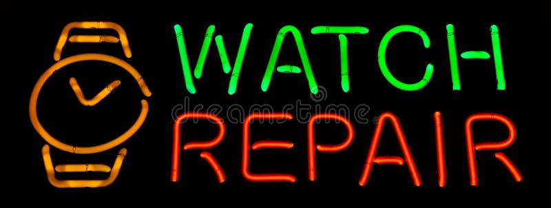 Watch Repair Neon Sign stock image. Image of object