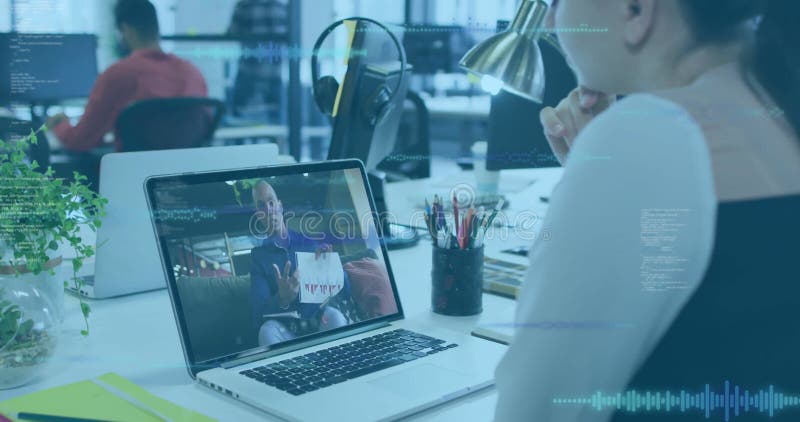 Watching animation presentation, person using laptop in modern office environment stock footage