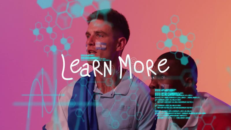 Watching animation, two people with digital graphics overlay and Learn More text stock video