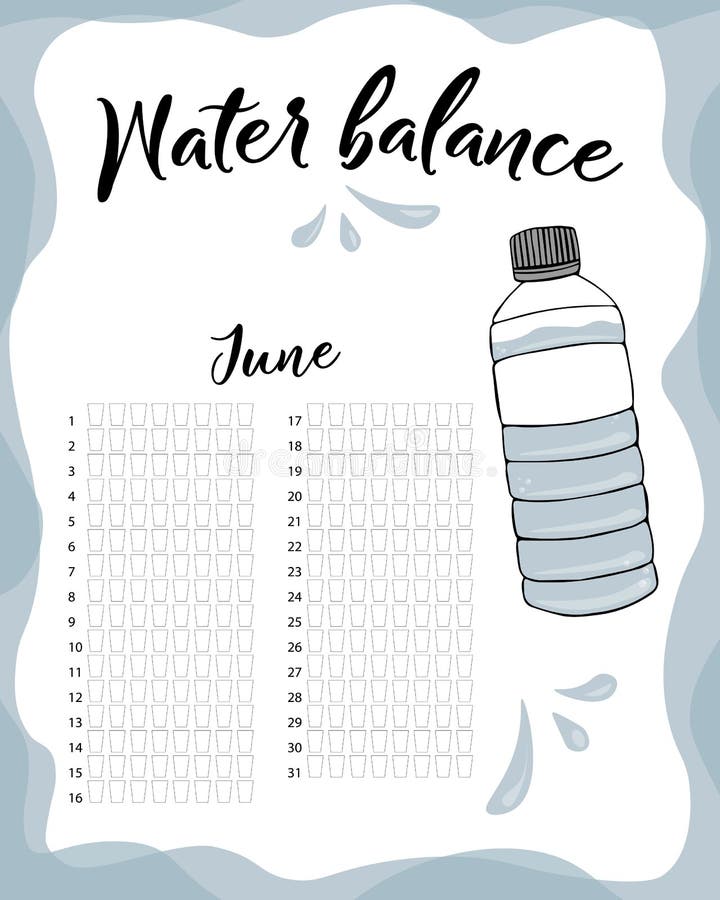 Water balance vector calendar. Water monthly tracker. Water consumption per week and month June stock illustration