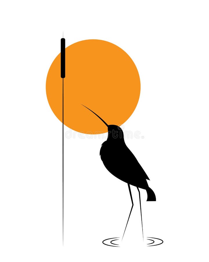 Water bird silhouette and bamboo on sunset, vector. Minimalist art design. Poster design, minimalism. Wall decals
