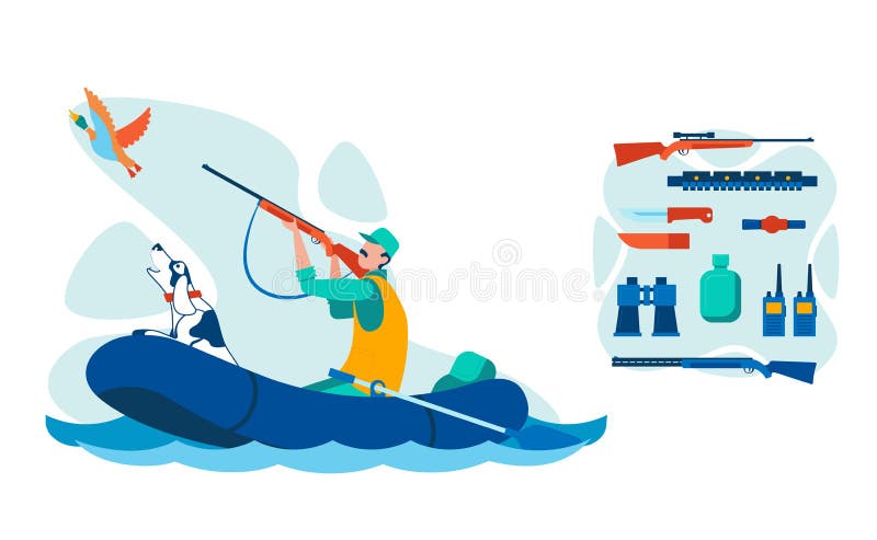 Water Bird Hunting Equipment Illustrations Set