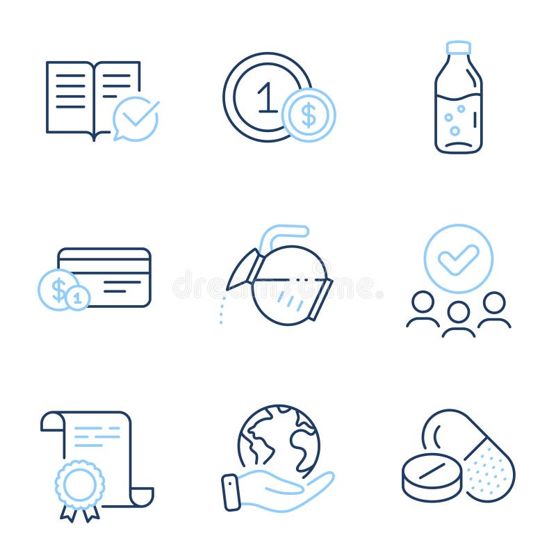 Water bottle, Usd coins and Payment method icons set. Vector