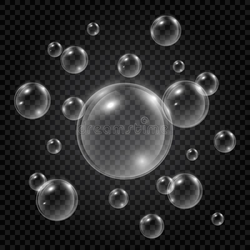 Water bubbles on transparent background. Set of vector white soap bubbles. Underwater fizzing air bubbles. Oxygen stock illustration Water bubbles on transparent background. Set of vector white soap bubbles. Underwater fizzing air bubbles. Oxygen stock illustration