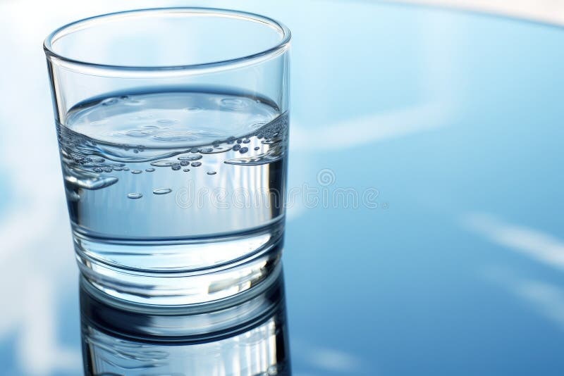 Water in clear glass on wooden table. Generative AI royalty free illustration