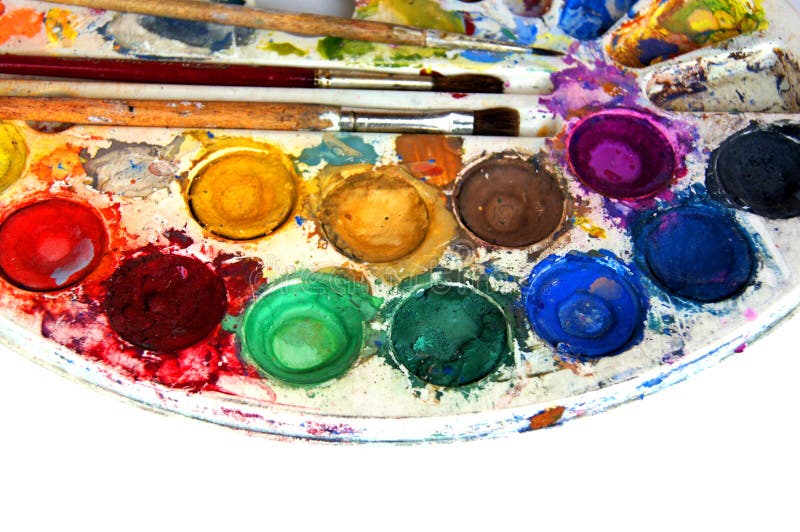 Water-color paint-box and paint brush stock photos
