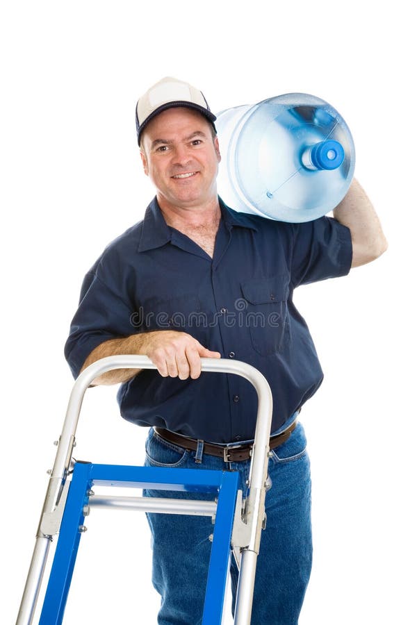 Cheerful water delivery man pushing his hand cart with a 5 gallon jug on his shoulder. Isolated on white. Cheerful water delivery man pushing his hand cart with a 5 gallon jug on his shoulder. Isolated on white.