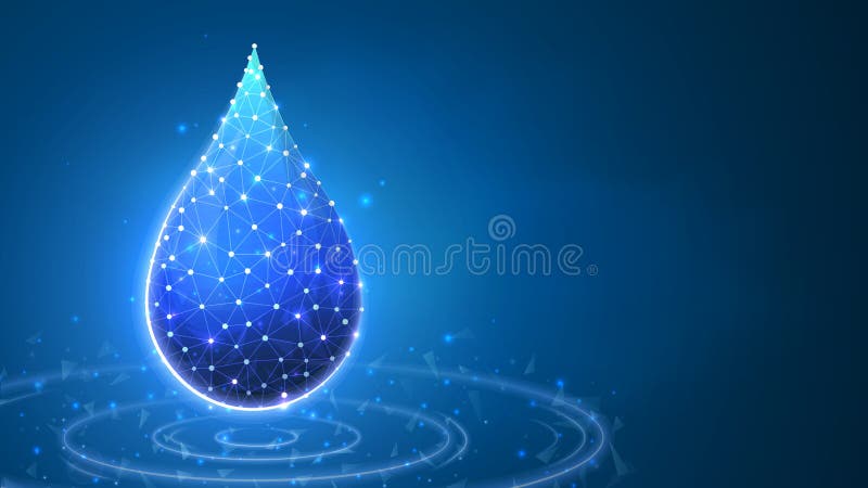 Water Drop, clean droplet of water with lines. Liquid concept. Abstract polygonal image on blue neon background. Low poly