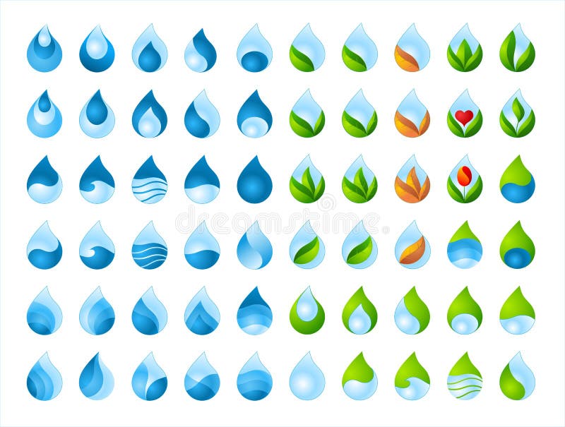Clear water, product logo, product emblem, water drop, environmentally friendly product, leaf in a water drop, pure drop, set of drops of water. Clear water, product logo, product emblem, water drop, environmentally friendly product, leaf in a water drop, pure drop, set of drops of water