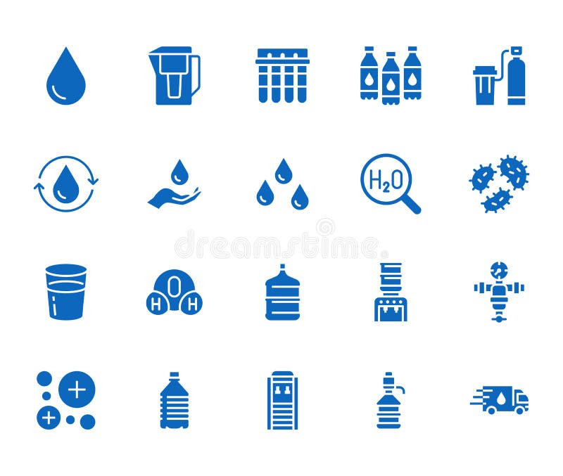 Water drop flat glyph icons set. Aqua filter, softener, ionization, disinfection, glass vector illustrations. Signs for