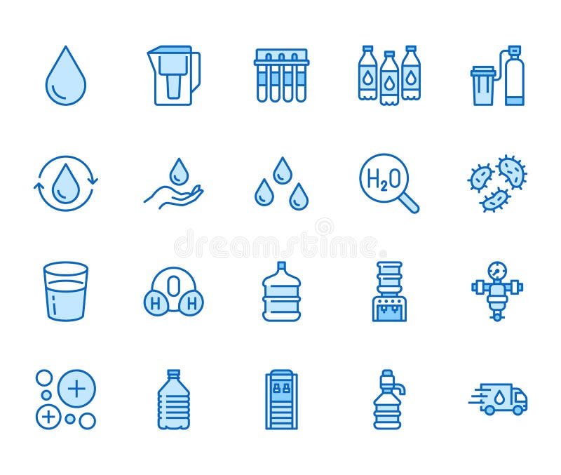 Water drop flat line icons set. Aqua filter, softener, ionization, disinfection, glass vector illustrations. Thin signs