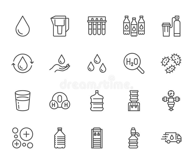 Water drop flat line icons set. Aqua filter, softener, ionization, disinfection, glass vector illustrations. Thin signs