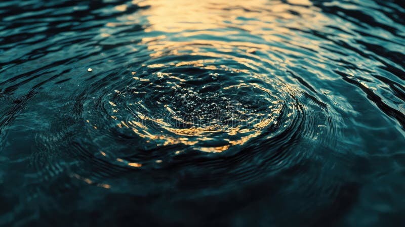 Water droplet creating expanding ripples on dark surface stock illustration