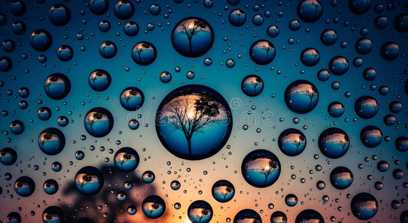 Water droplets on a glass surface reflecting a tree at sunset create a mesmerizing and artistic composition vector illustration