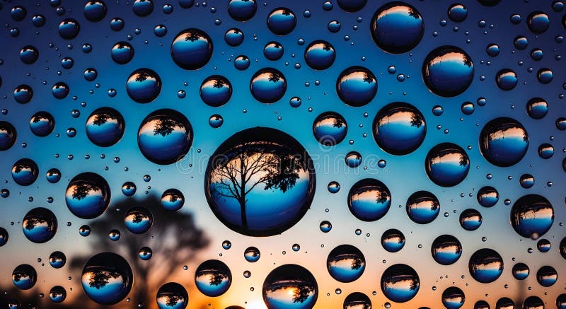 Water droplets on a glass surface reflecting a tree at sunset create a mesmerizing and artistic composition royalty free illustration
