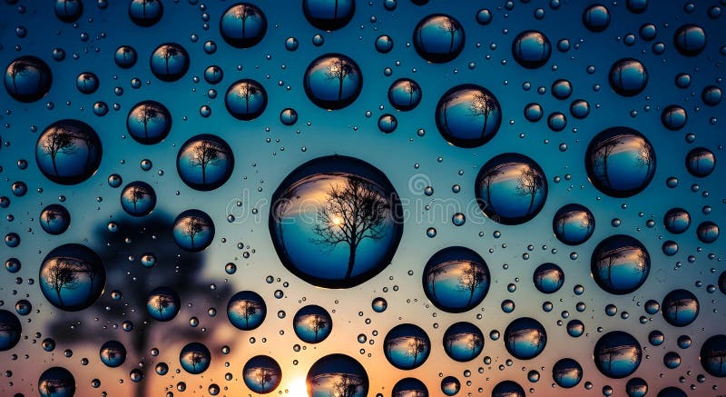Water droplets on a glass surface reflecting a tree at sunset create a mesmerizing and artistic composition stock illustration