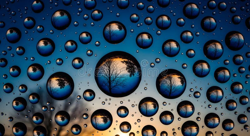 Water droplets on a glass surface reflecting a tree at sunset create a mesmerizing and artistic composition vector illustration
