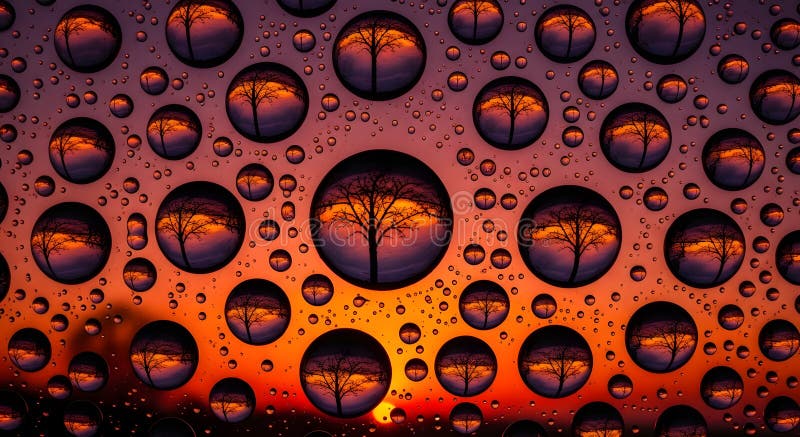 Water droplets on a glass surface reflecting a tree at sunset create a mesmerizing and artistic composition royalty free illustration