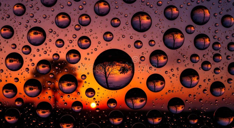 Water droplets on a glass surface reflecting a tree at sunset create a mesmerizing and artistic composition royalty free illustration
