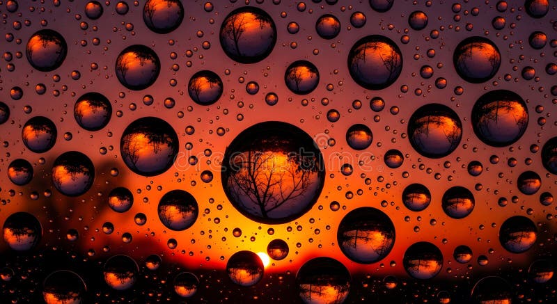 Water droplets on a glass surface reflecting a tree at sunset create a mesmerizing and artistic composition stock illustration