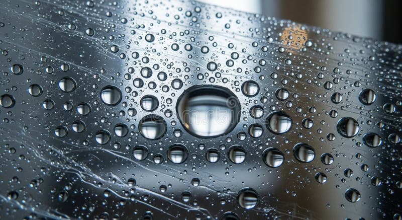 Water droplets on a smooth, reflective surface create a pattern of various sizes. The royalty free illustration