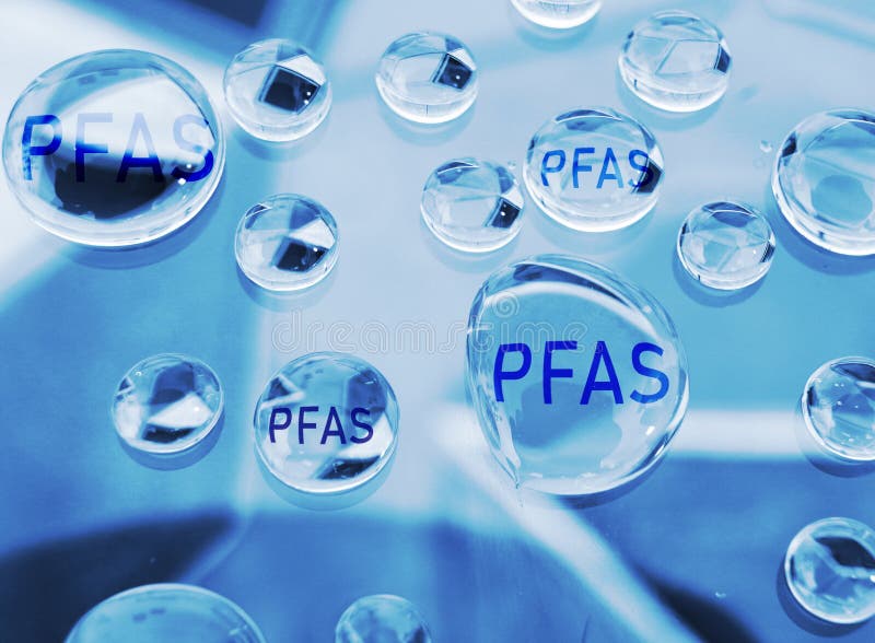 Water drops with PFAS text -- Forever chemical water contamination concept
