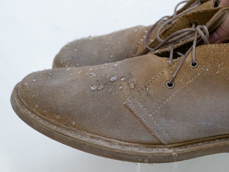 Water Drops on Waterproof Desert Boots Shoes after Use Weatherproof Spray, Apparel Care Equipment Photo - Image of membrane, environment: 188144422