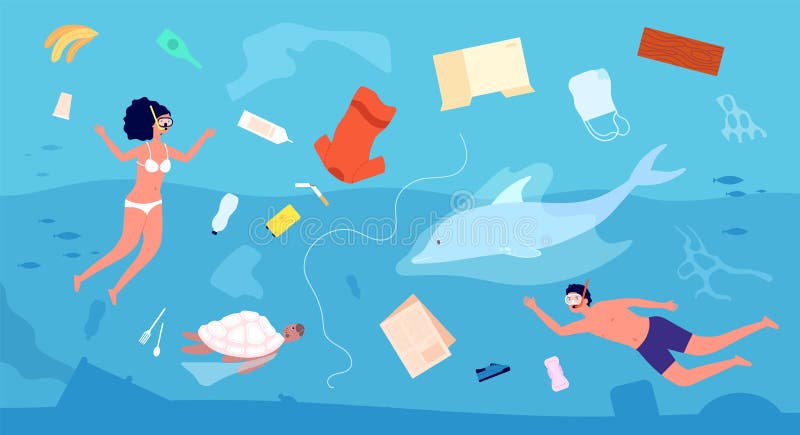 Water ecological problems. Sea pollution, trash or garbage fish turtle and divers in ocean. Plastic bottle ecology royalty free illustration