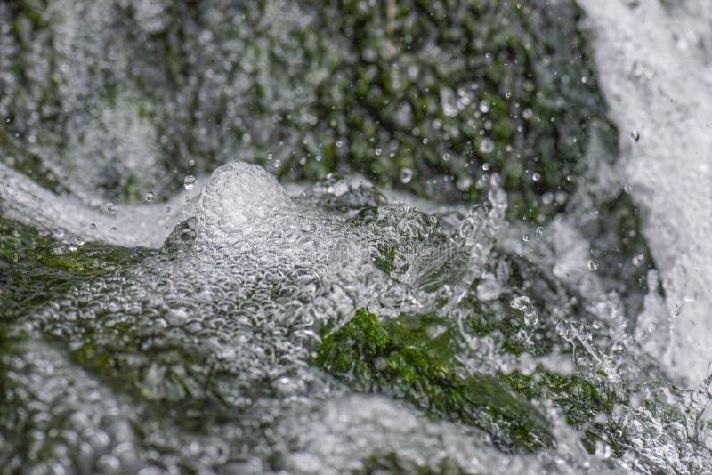 Water falling on green moss