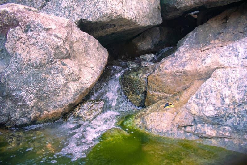 Water Flowing Out from the Rocks with Green Moss on the Sides Stock
