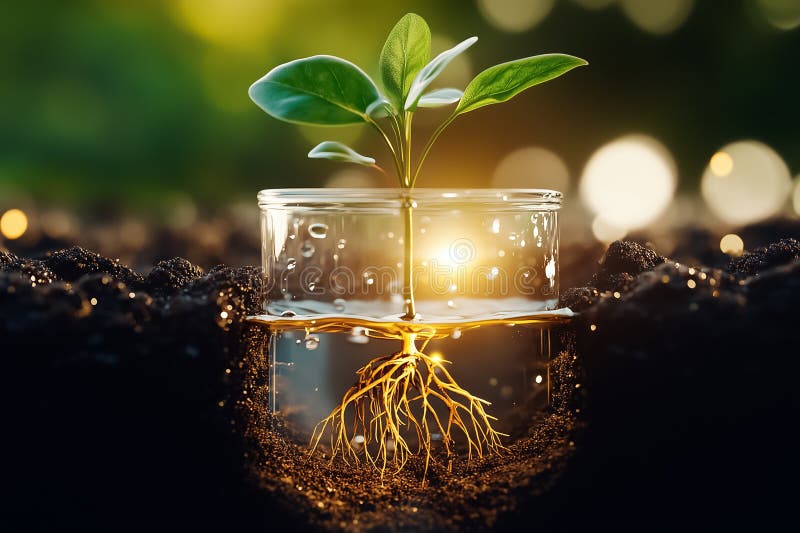 Water flows through a clear section of soil, feeding the roots of a thriving plant. An intricate system of underground stock photos