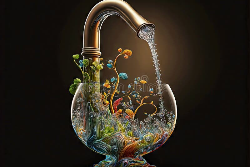 Water Flows from Original Glbase Tap and Bubbles Stock Illustration