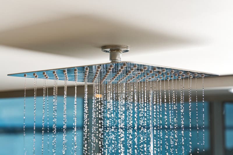 Water Flows from the Tropical Shower. Large Water Consumption. Chrome