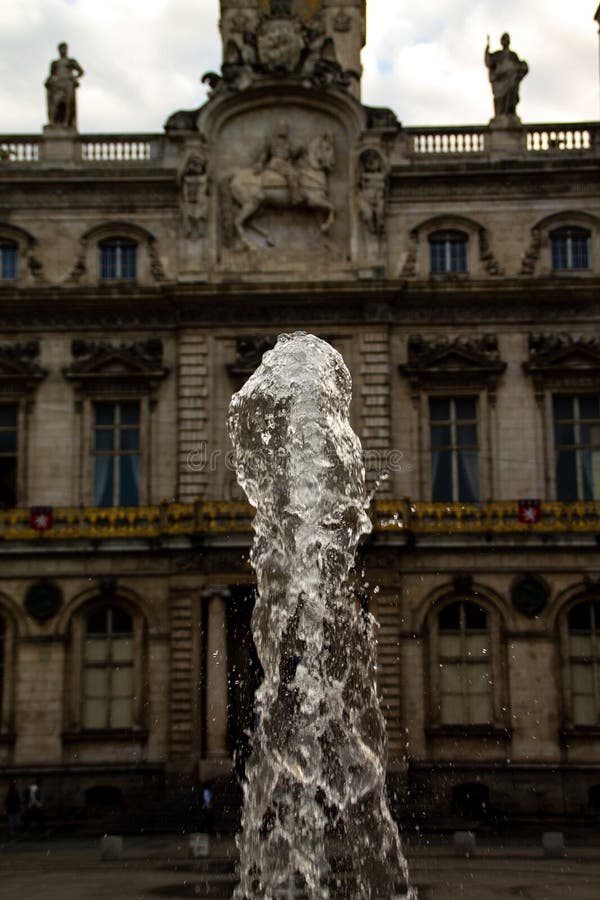 Water Fountain in Front of Hotel De Ville in Lyon Editorial Stock Image