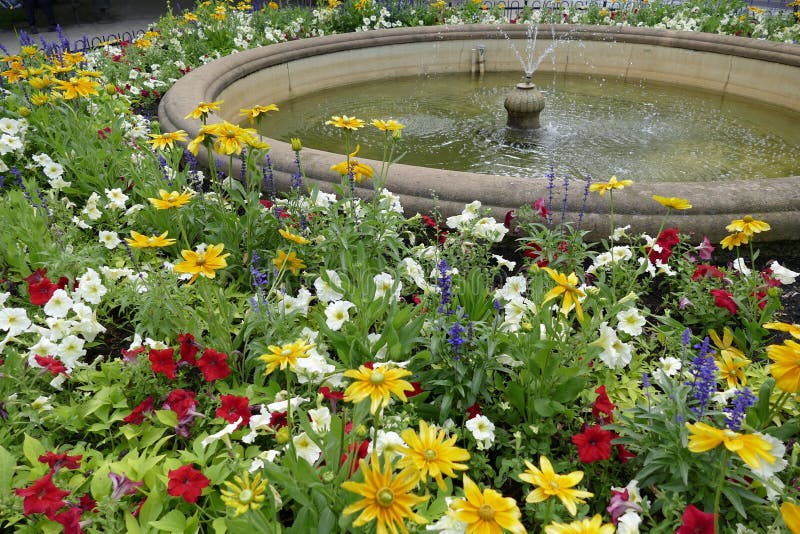 Water Fountain in the Park with Flowers Stock Photo Image of foliage