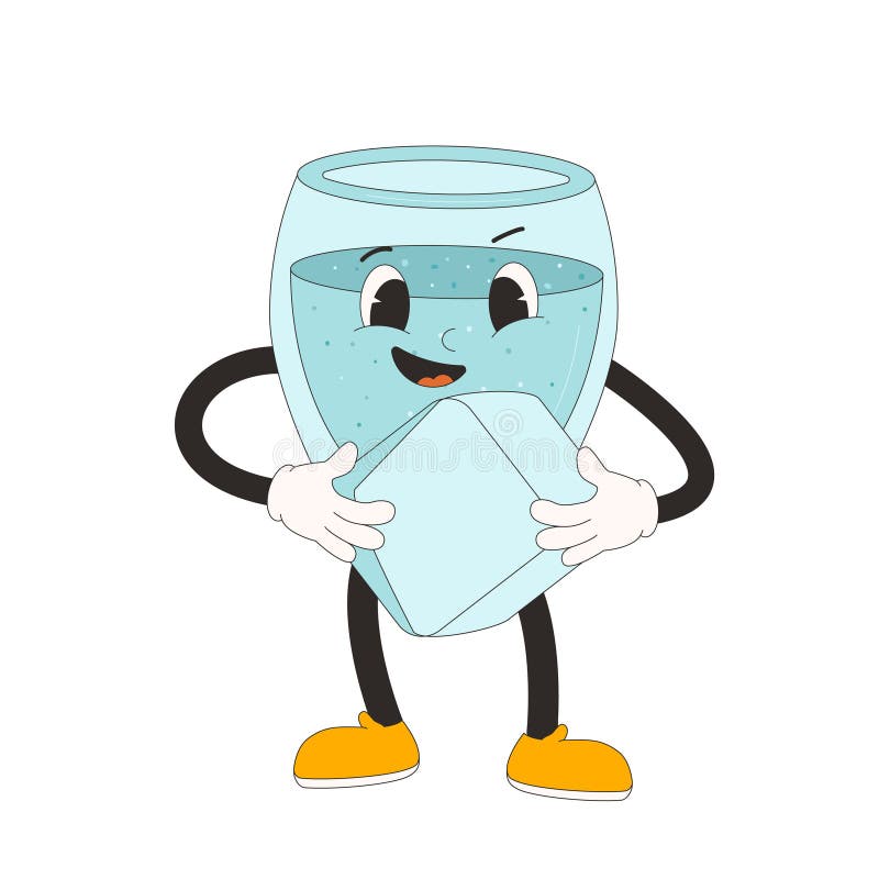 Water Glass Retro Cartoon Mascots. Drink Rubber Hose Animation Style