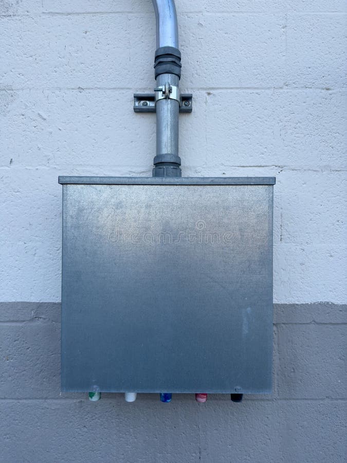 Water Heater Mounted on the Side of a Wall with Pipes Coming Out Stock