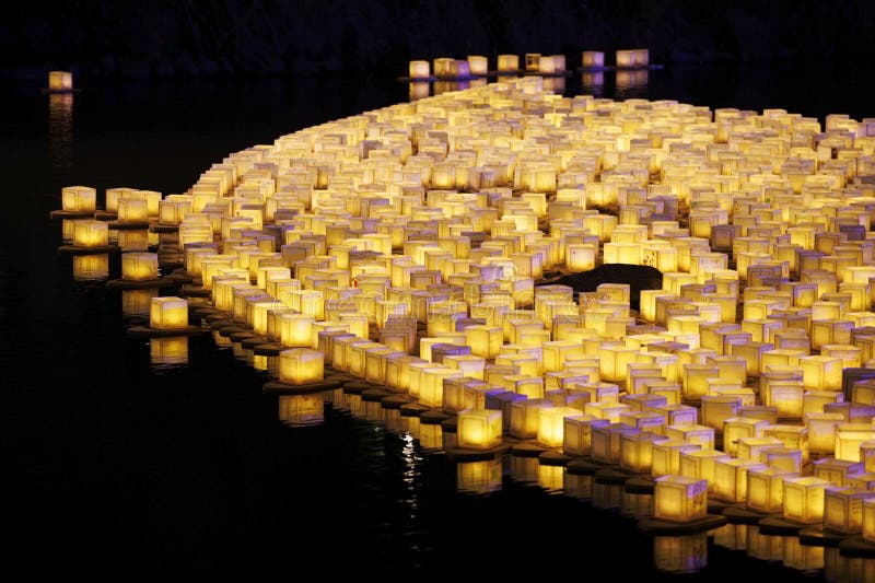 Water Lanterns on the Water Surface at Night Stock Photo Image of