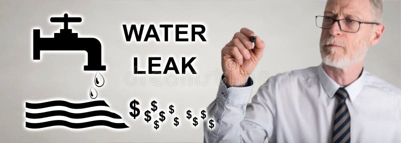 Businessman drawing water leak concept stock image Businessman drawing water leak concept stock image