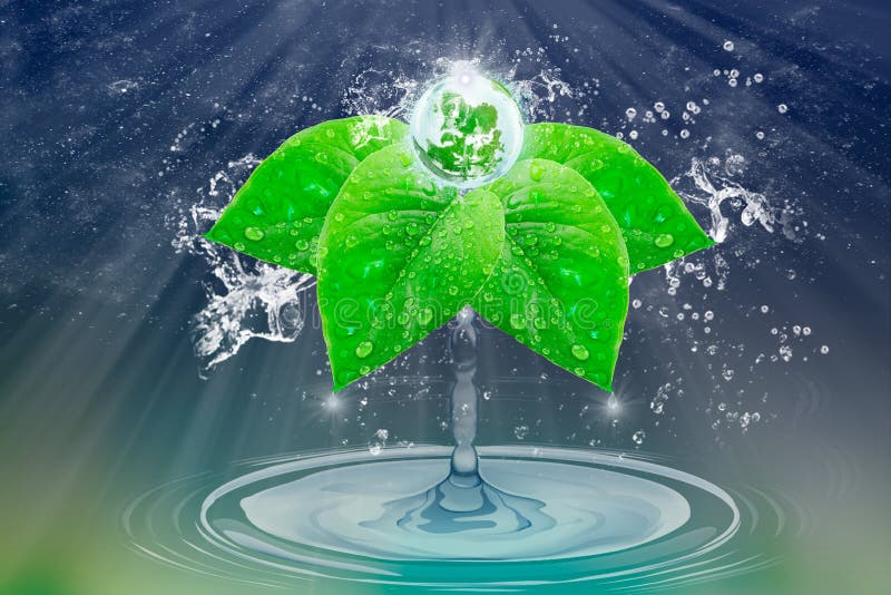 Water is Life. Splashes of Pure Water Give Birth To a Planet on Green  Leaves with Drops and Splashes Stock Photo - Image of land, background:  136049326