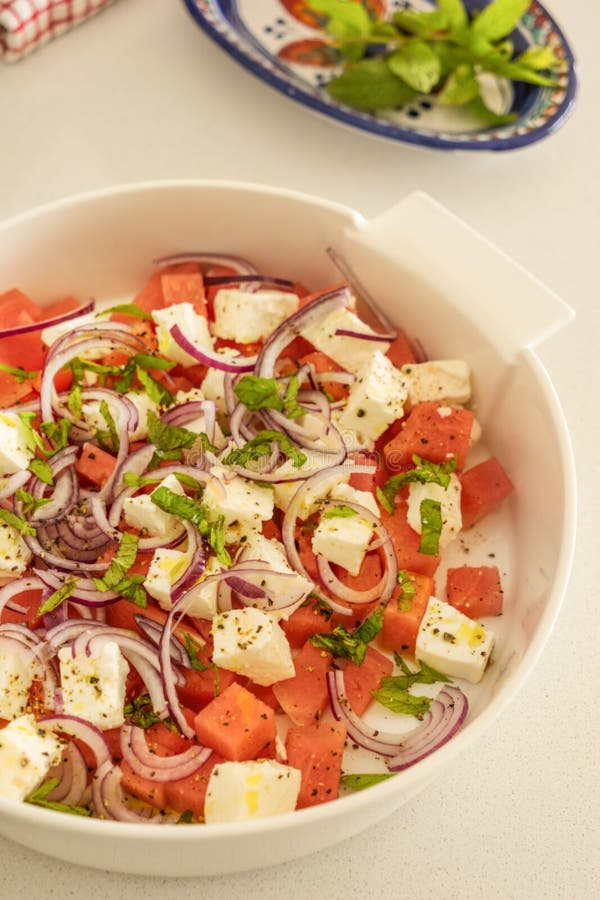 Water Melon And Feta Cheese Salad Stock Image - Image of salad, mint ...