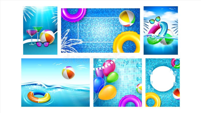 Water Park And Pool Party Promo Banners Set Vector. Collection Of Advertising Posters With Inflatable Lifebuoy And Ball, Sunglasses And Cocktail Drink. Aquapark Colored Concept Template Illustrations