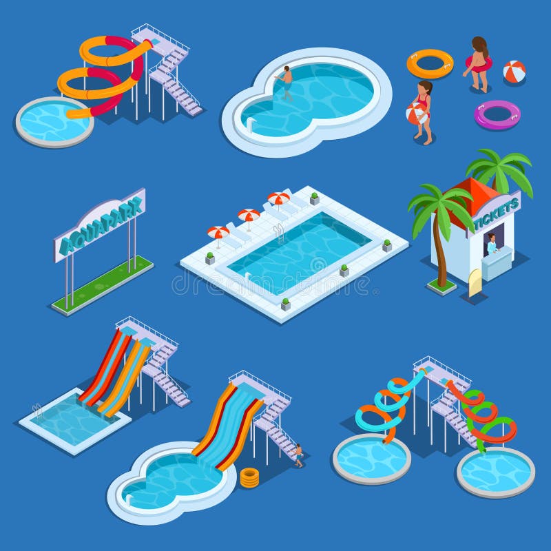 Water park and swimming pool isometric vector illustration