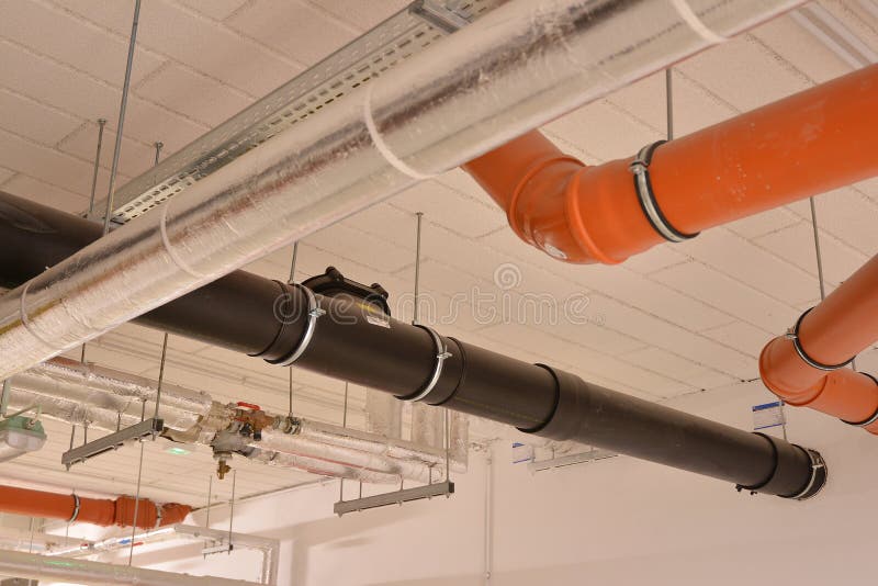 Water Pipes and Cable Trays Run Under Ceiling of a Building Stock Image Image of construction