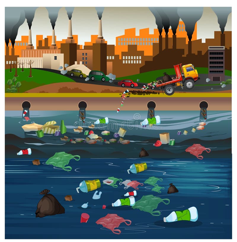 Water Pollution Scrap Material and Garbage in River Stock Vector -  Illustration of pipeline, collection: 176109175