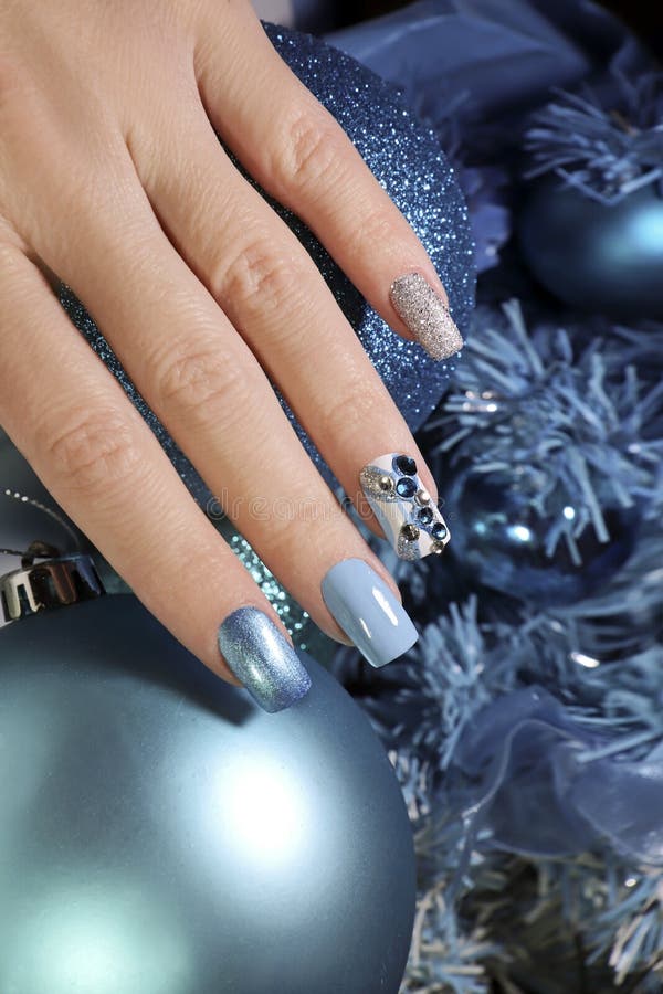 Christmas Winter Blue Manicure . Stock Image - Image of body, beautiful ...