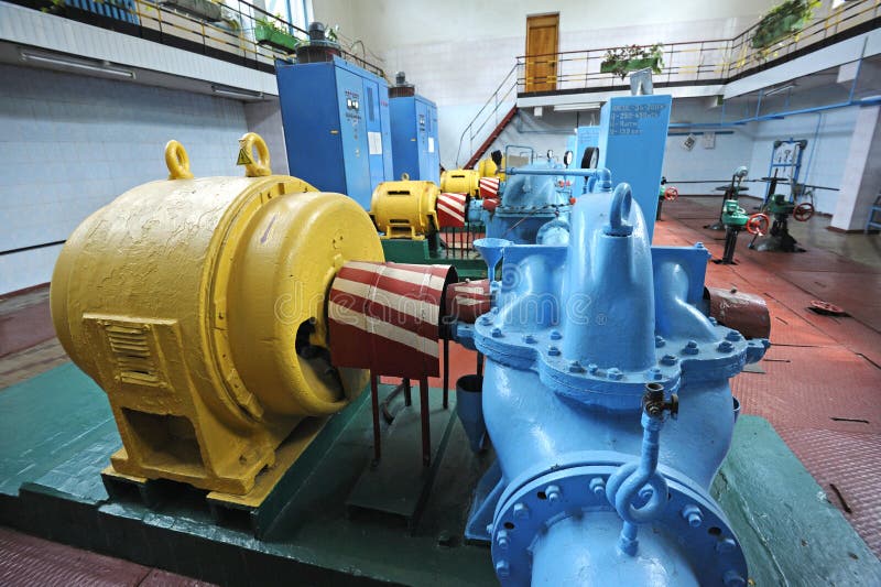 Water Pumps, Engines and Electric Boards Set in a Hall of the Water