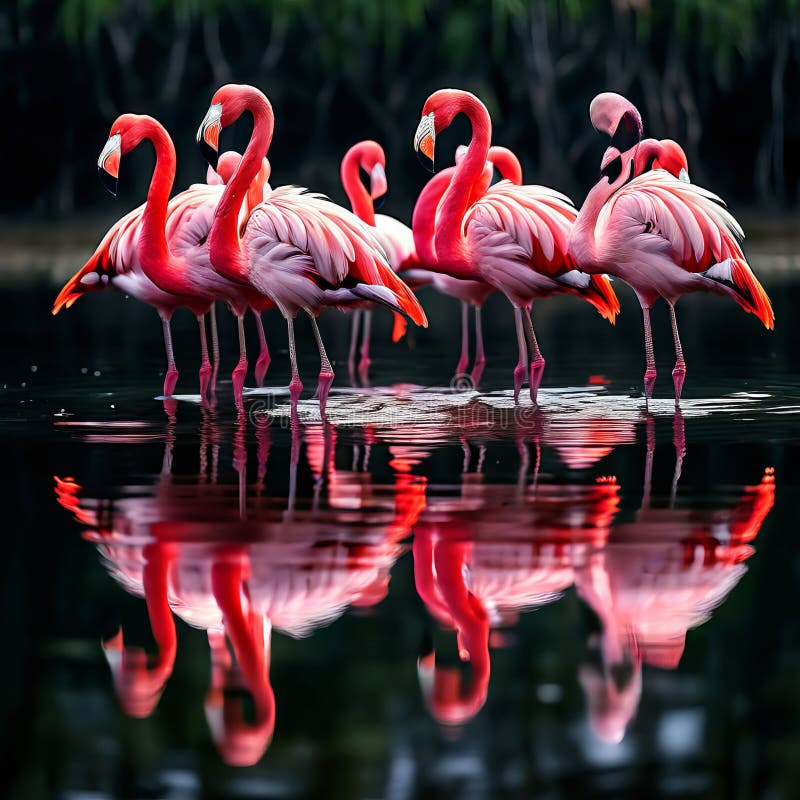 Water reflection of a group of flamingos wading in a lake show royalty free stock images