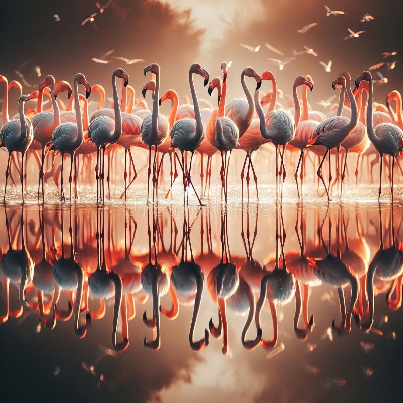Water reflection of a group of flamingos wading in a lake show stock photography